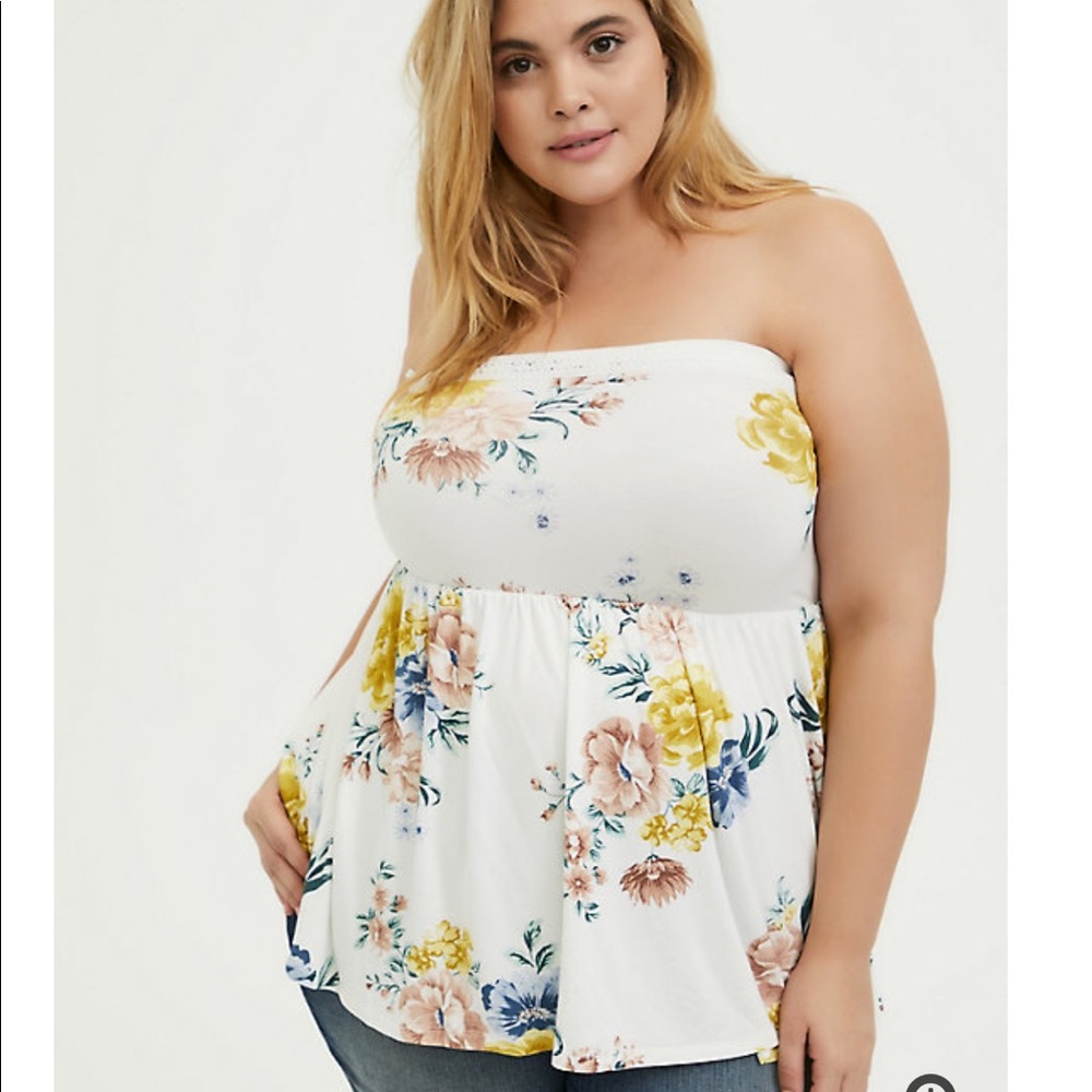 Super Soft White Floral Strapless Peplum Top